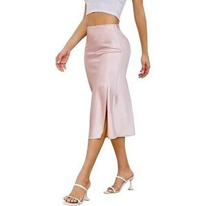 NEW ALCEA ROSEA Pink Silky Satin High Waist Elastic Skirt with Slit, Wome's M